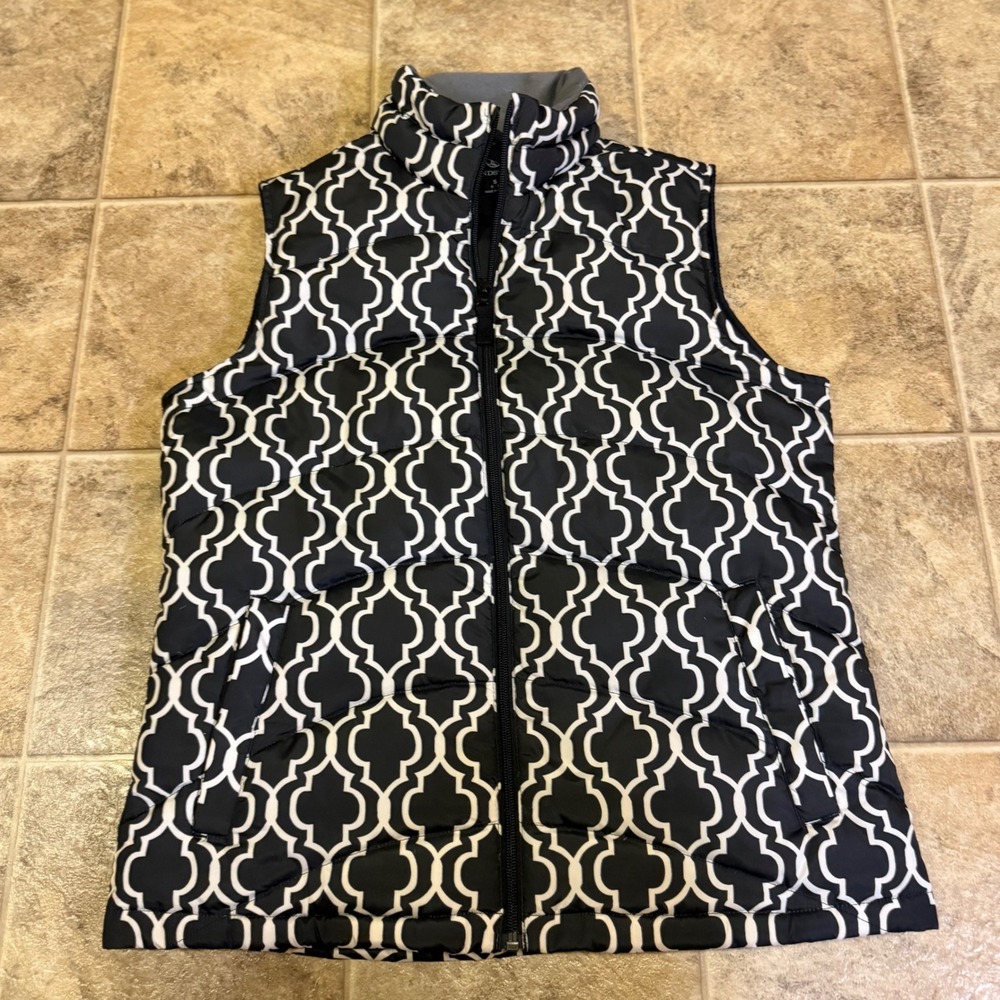 Lands End Womens Black White Quatrefoil Puffer Vest Down Insulated Size S 6-8